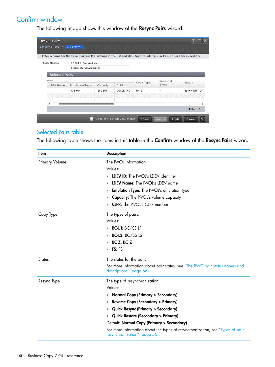 Confirm window, Selected pairs table | HP XP Racks User Manual | Page 140 / 153