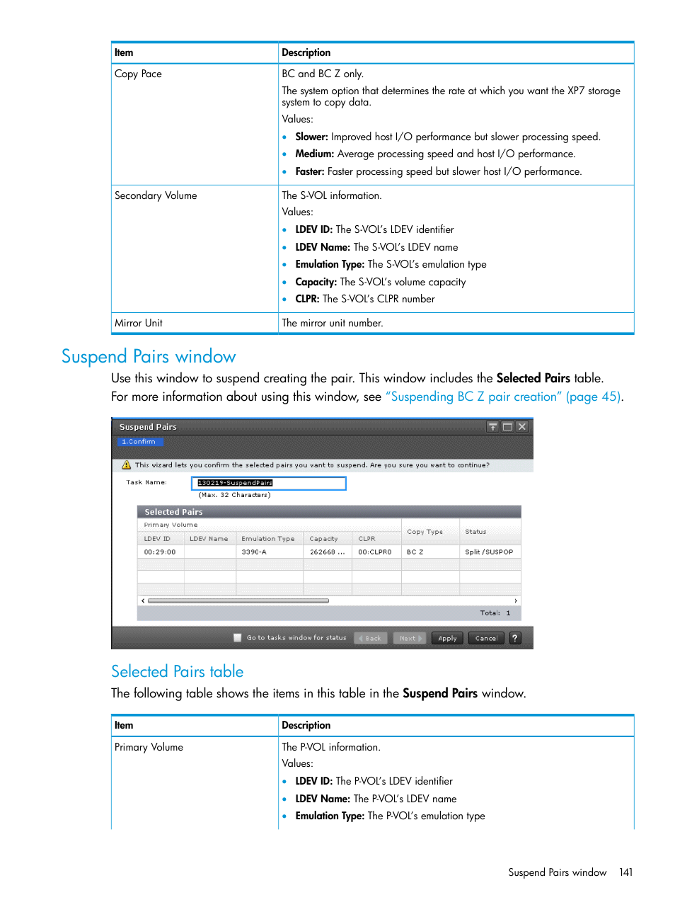 Suspend pairs window, Selected pairs table | HP XP Racks User Manual | Page 141 / 153
