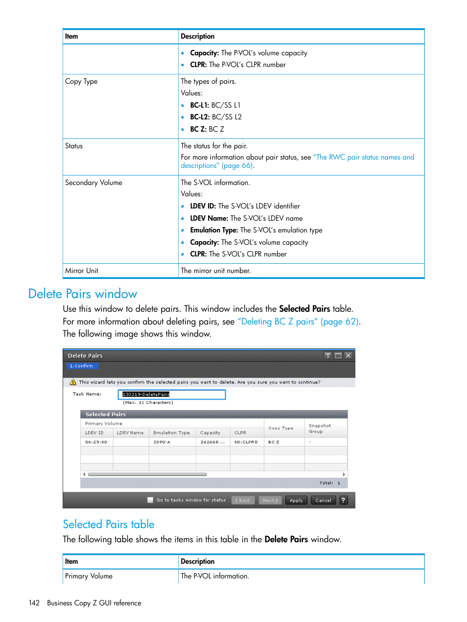 Delete pairs window, Selected pairs table | HP XP Racks User Manual | Page 142 / 153