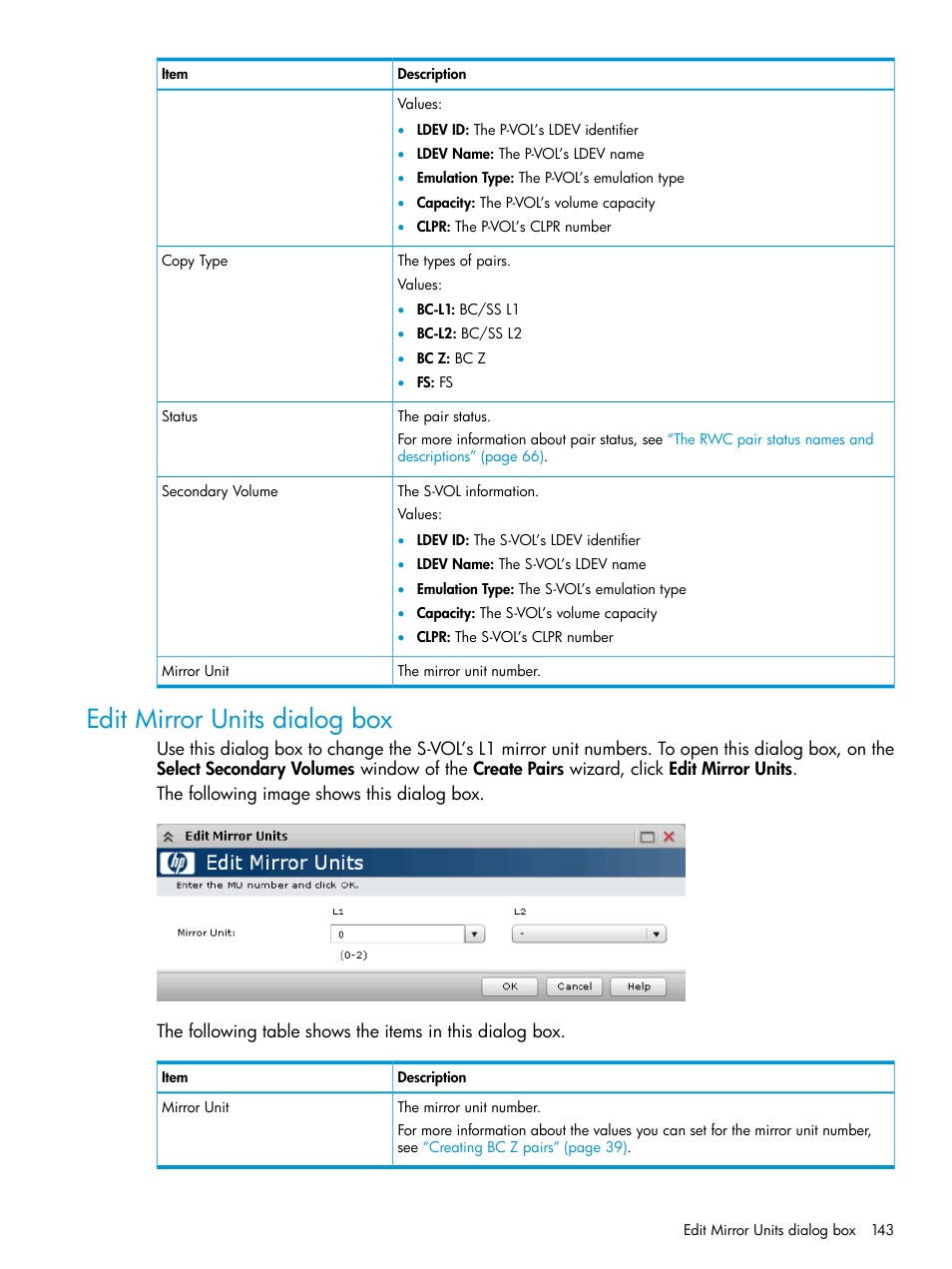 Edit mirror units dialog box | HP XP Racks User Manual | Page 143 / 153