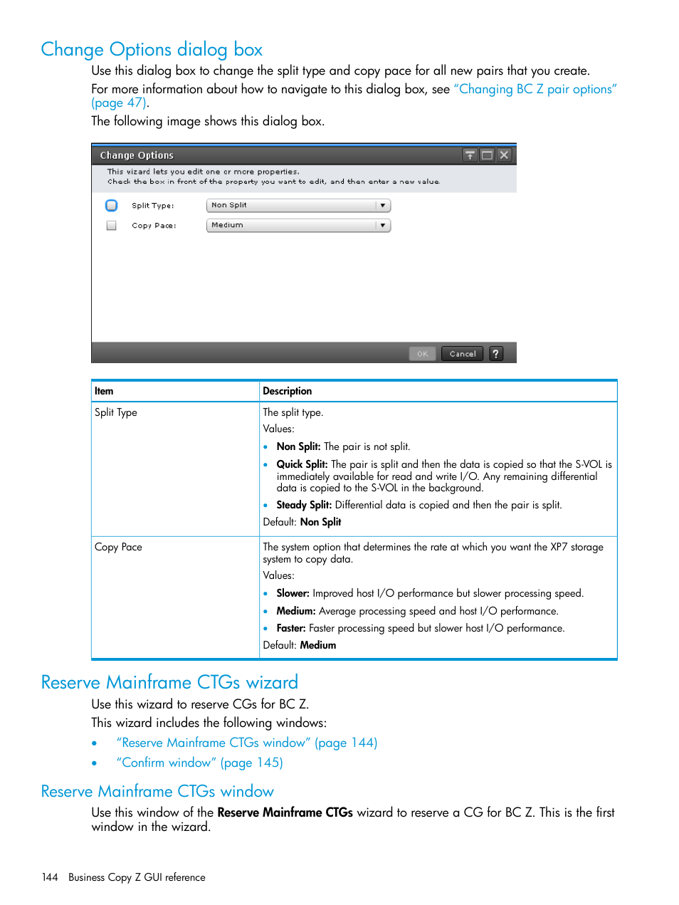 Change options dialog box, Reserve mainframe ctgs wizard, Reserve mainframe ctgs window | HP XP Racks User Manual | Page 144 / 153