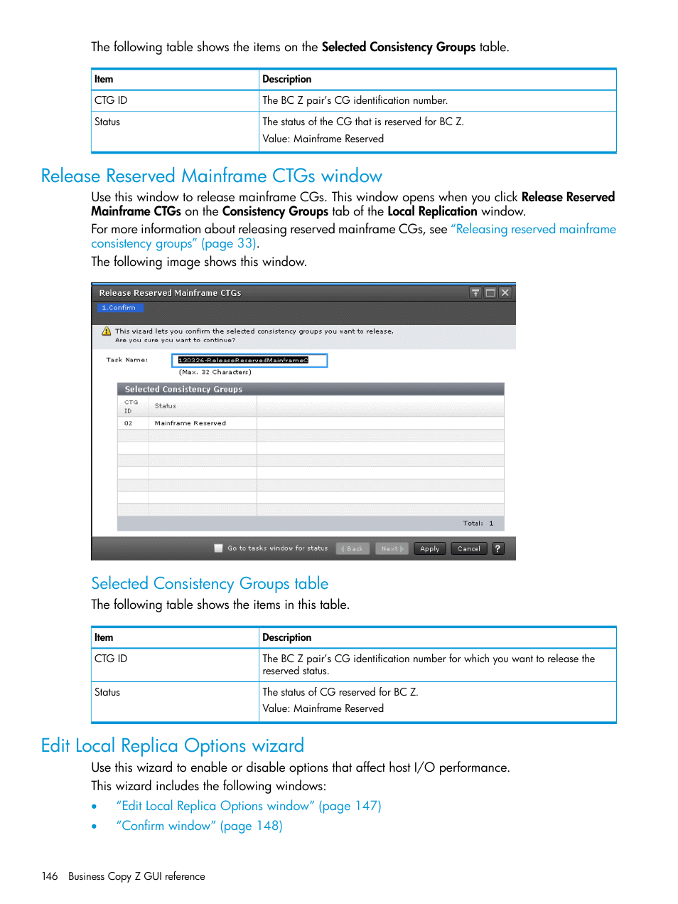 Release reserved mainframe ctgs window, Edit local replica options wizard, Selected consistency groups table | HP XP Racks User Manual | Page 146 / 153