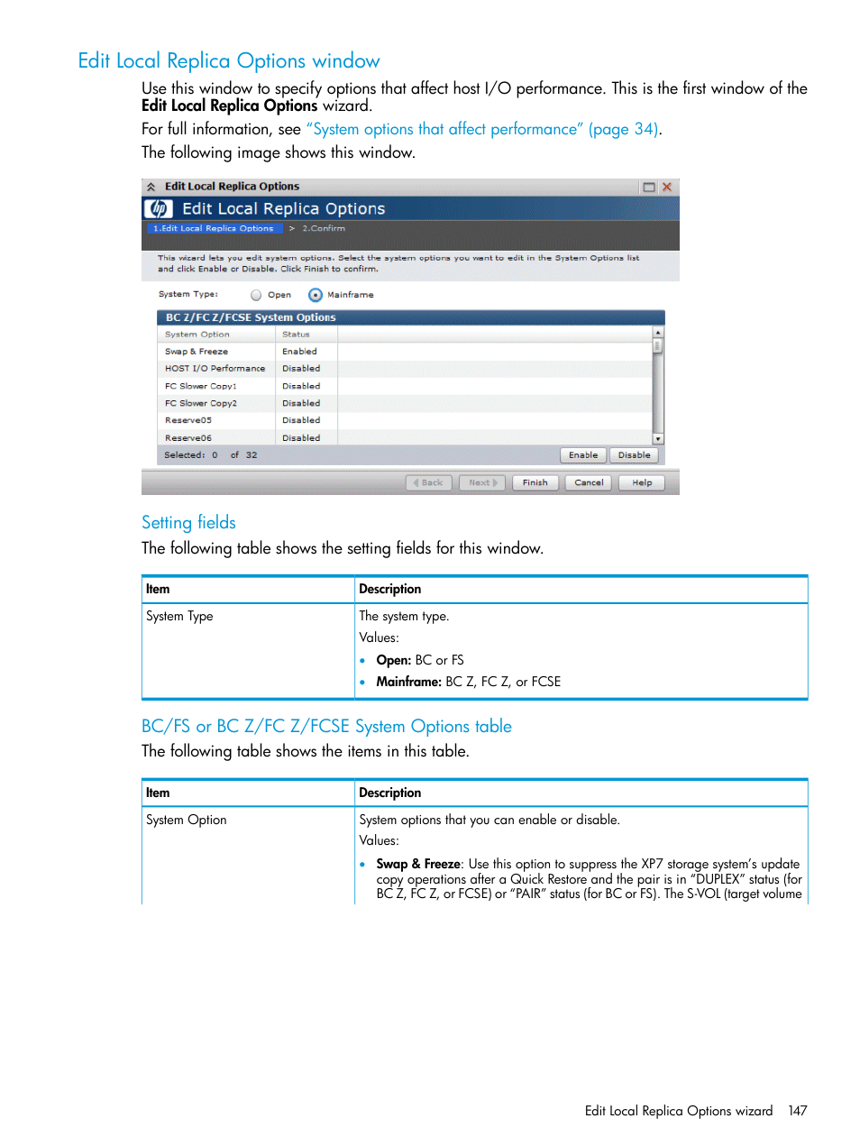 Edit local replica options window, Setting fields, Bc/fs or bc z/fc z/fcse system options table | HP XP Racks User Manual | Page 147 / 153