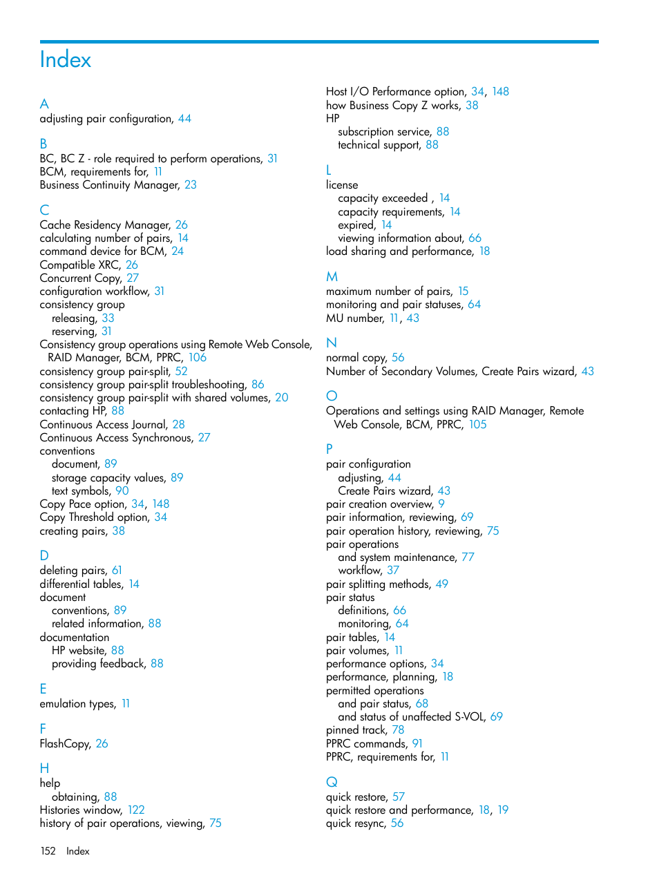 Index | HP XP Racks User Manual | Page 152 / 153