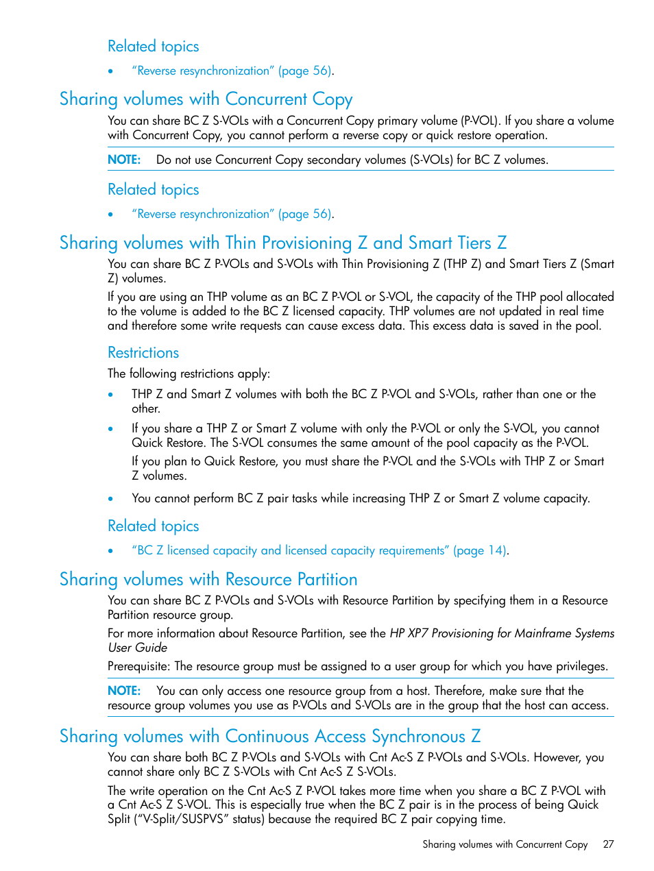 Sharing volumes with concurrent copy, Sharing volumes with resource partition, Sharing volumes | Sharing volumes with, Related topics, Restrictions | HP XP Racks User Manual | Page 27 / 153