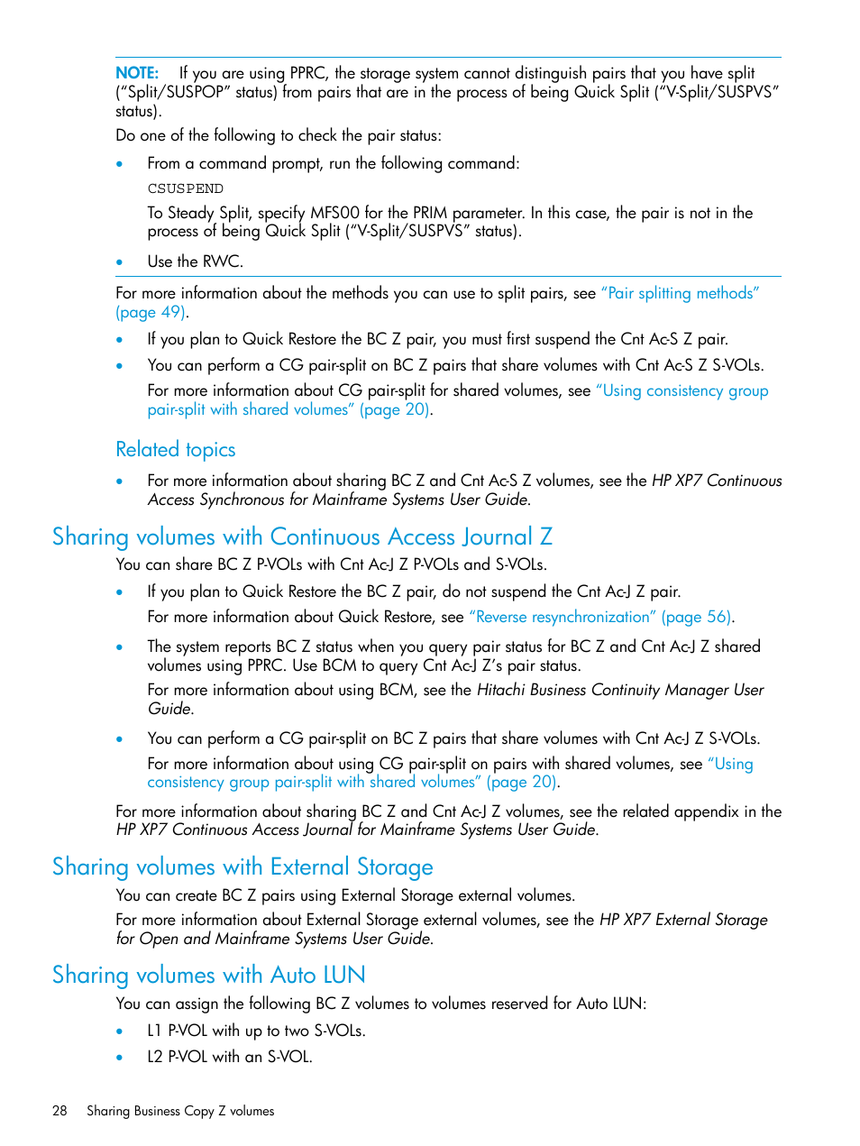 Sharing volumes with continuous access journal z, Sharing volumes with external storage, Sharing volumes with auto lun | Sharing, Sharing volumes with auto, Related topics | HP XP Racks User Manual | Page 28 / 153