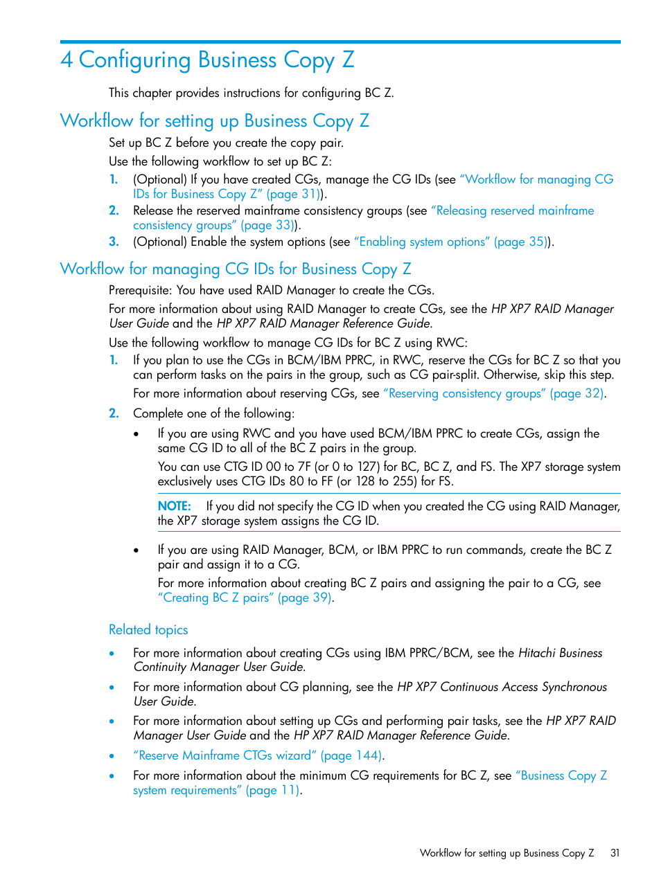 4 configuring business copy z, Workflow for setting up business copy z, Workflow for managing cg ids for business copy z | HP XP Racks User Manual | Page 31 / 153