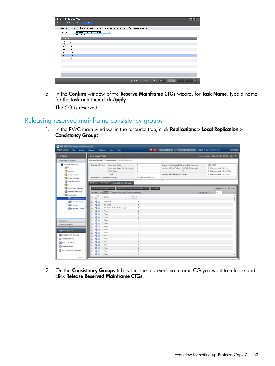 Releasing reserved mainframe consistency groups, Releasing reserved mainframe | HP XP Racks User Manual | Page 33 / 153