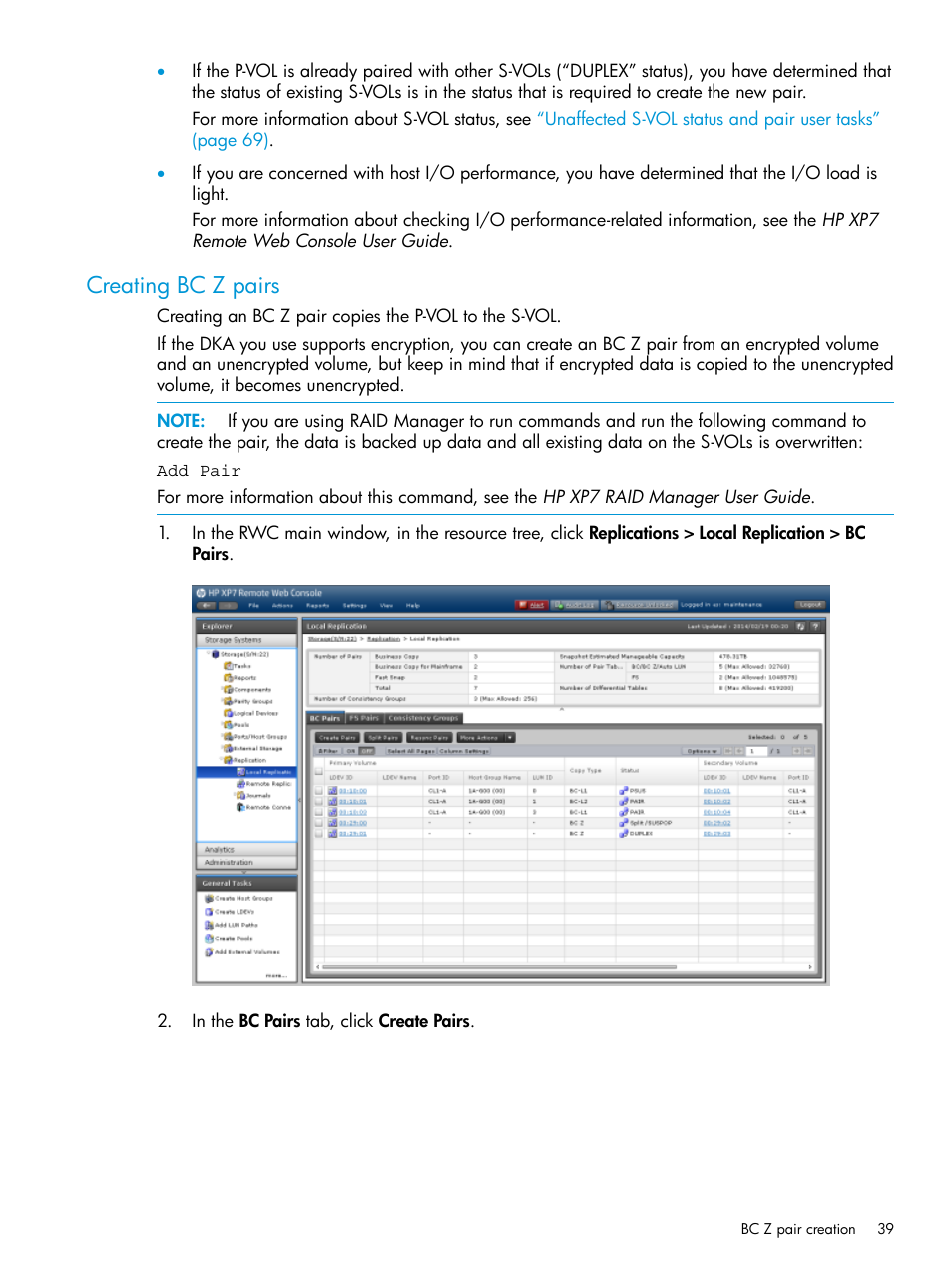 Creating bc z pairs | HP XP Racks User Manual | Page 39 / 153