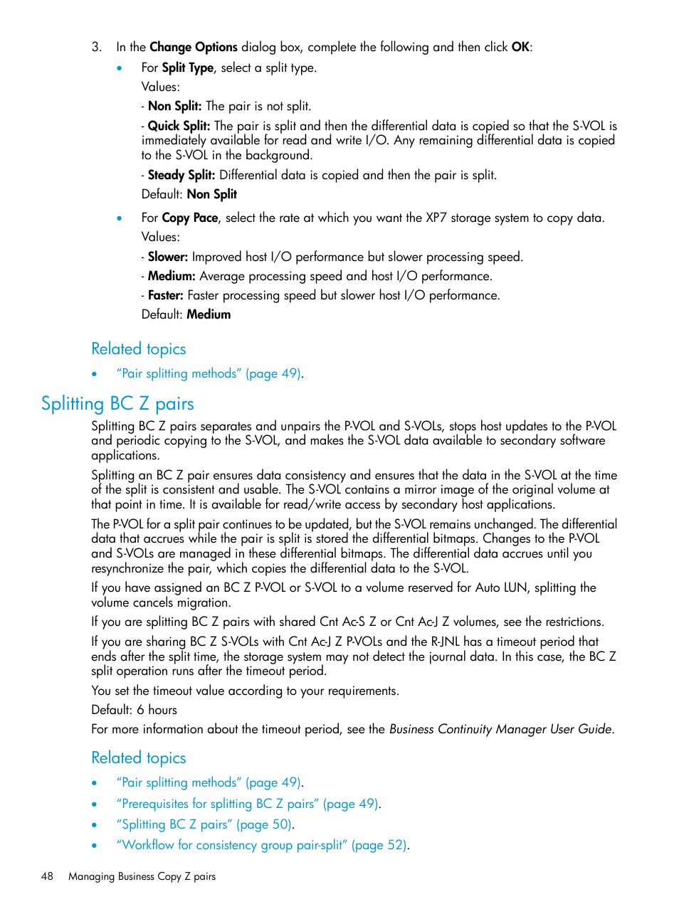 Splitting bc z pairs, Related topics | HP XP Racks User Manual | Page 48 / 153