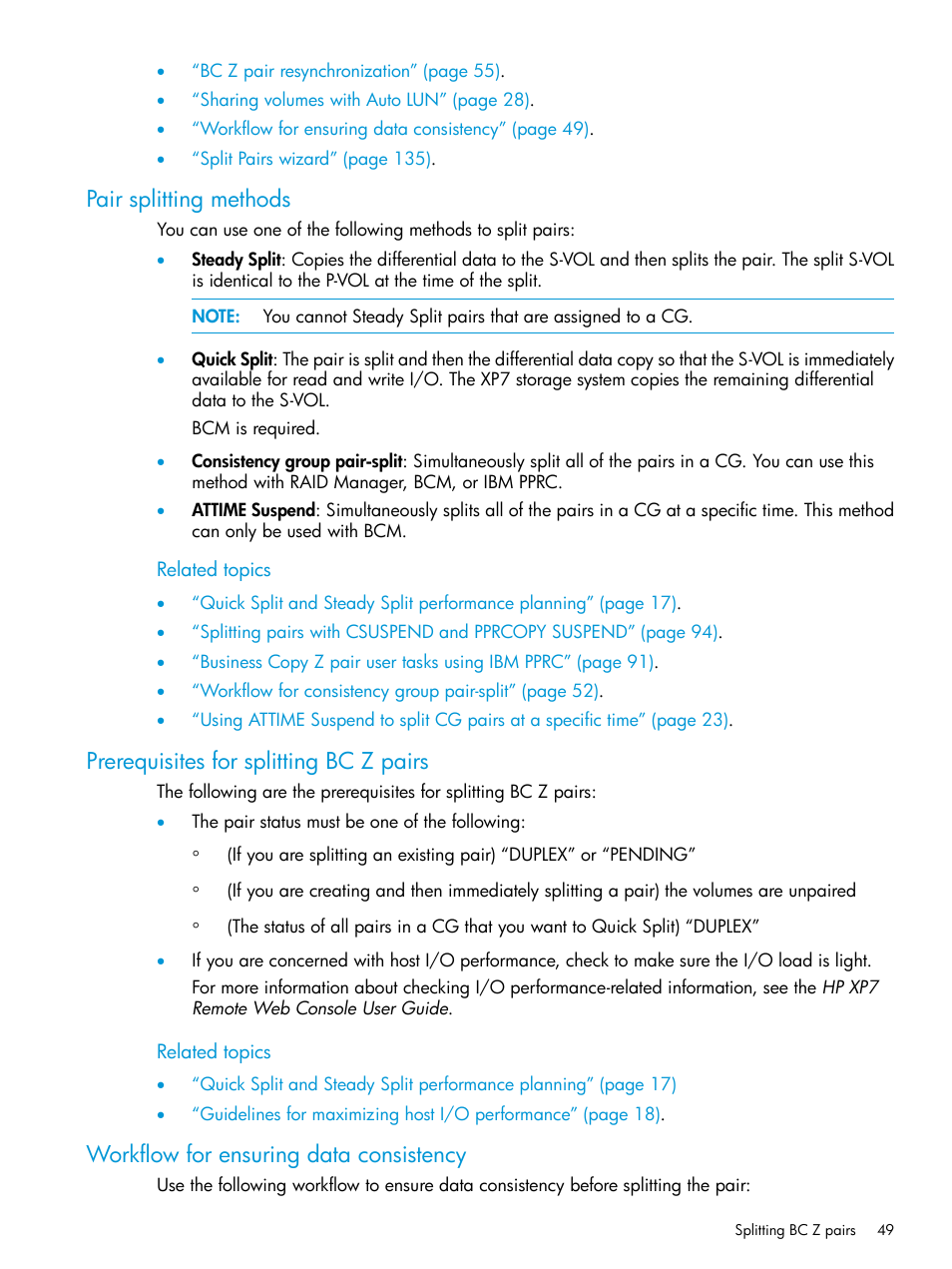 Pair splitting methods, Prerequisites for splitting bc z pairs, Workflow for ensuring data consistency | Workflow for ensuring data, Pair splitting | HP XP Racks User Manual | Page 49 / 153