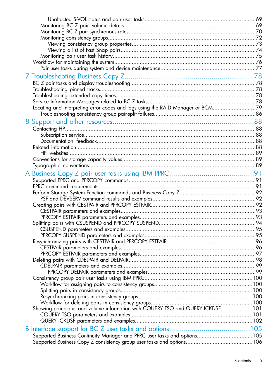 7 troubleshooting business copy z, 8 support and other resources, A business copy z pair user tasks using ibm pprc | HP XP Racks User Manual | Page 5 / 153