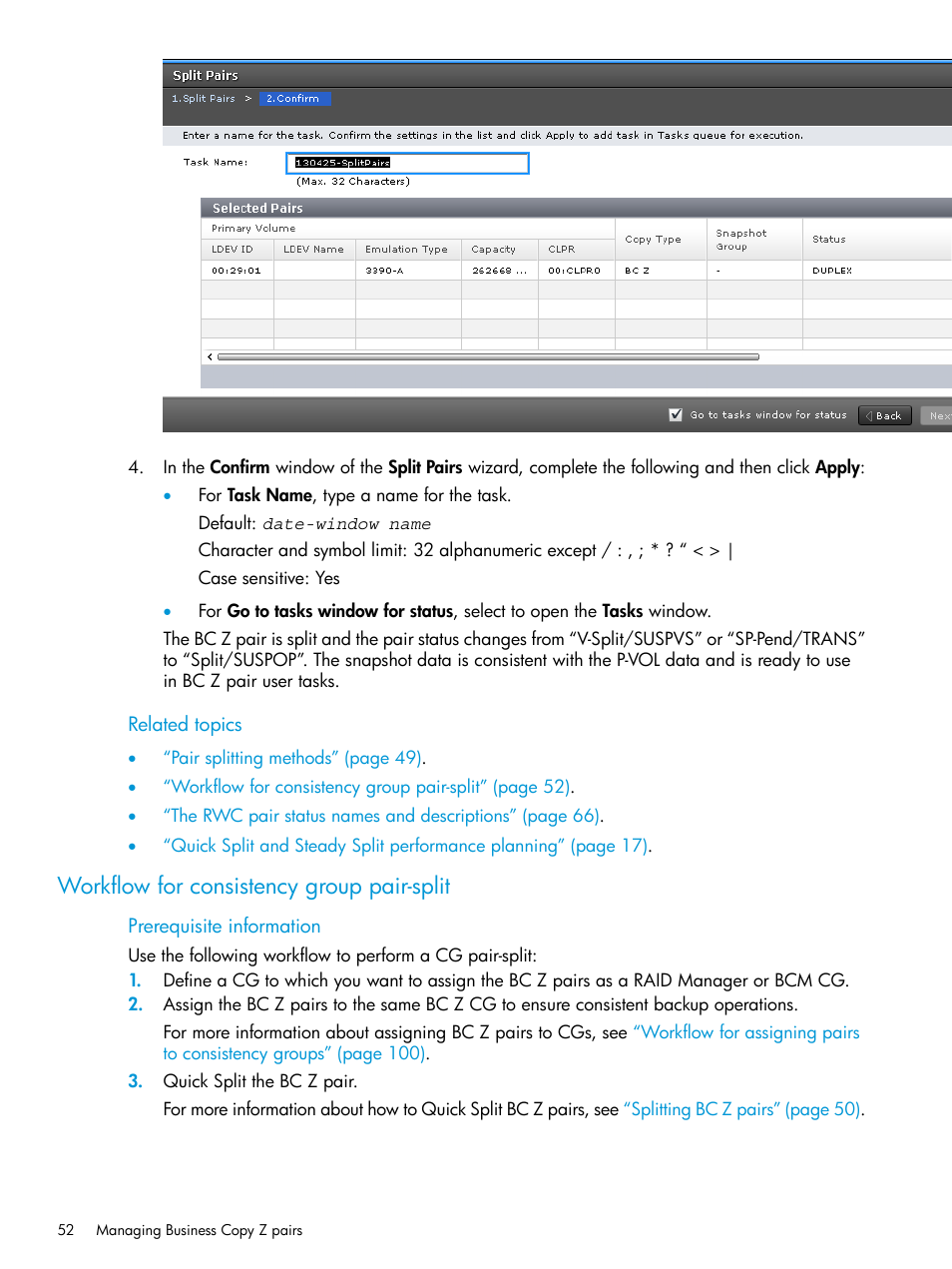 Workflow for consistency group pair-split | HP XP Racks User Manual | Page 52 / 153