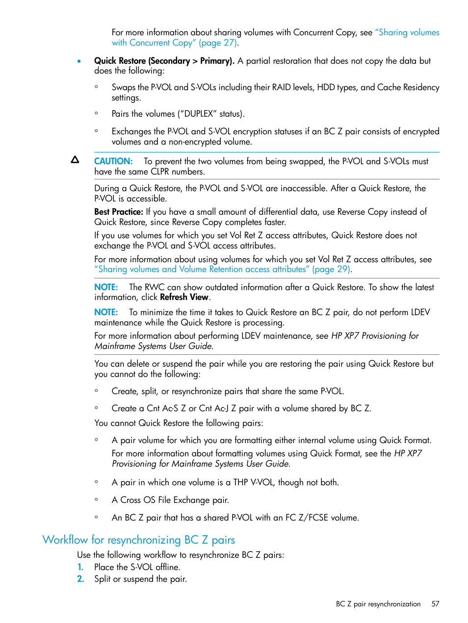 Workflow for resynchronizing bc z pairs | HP XP Racks User Manual | Page 57 / 153