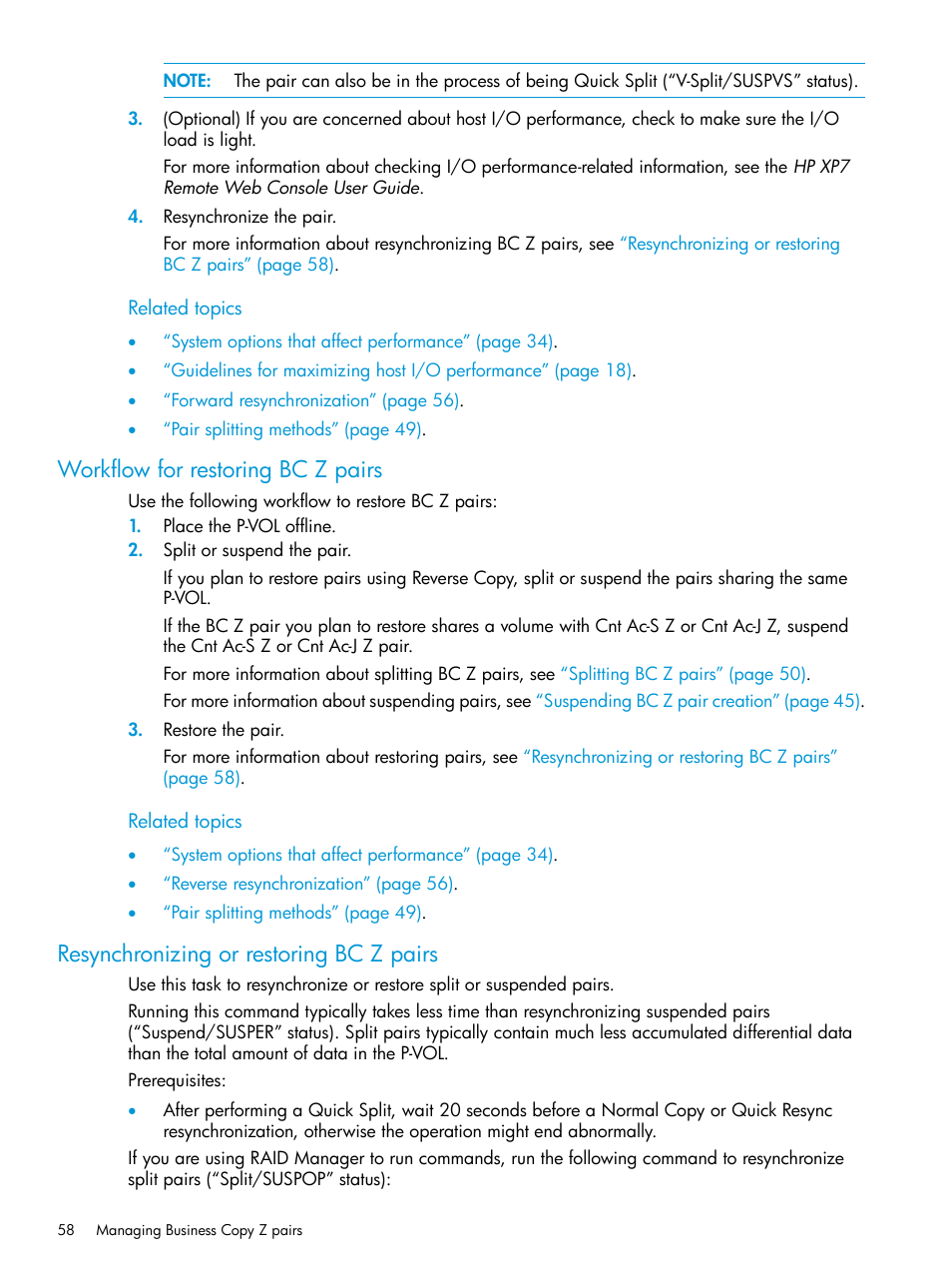 Workflow for restoring bc z pairs, Resynchronizing or restoring bc z pairs, Resynchronizing or | HP XP Racks User Manual | Page 58 / 153