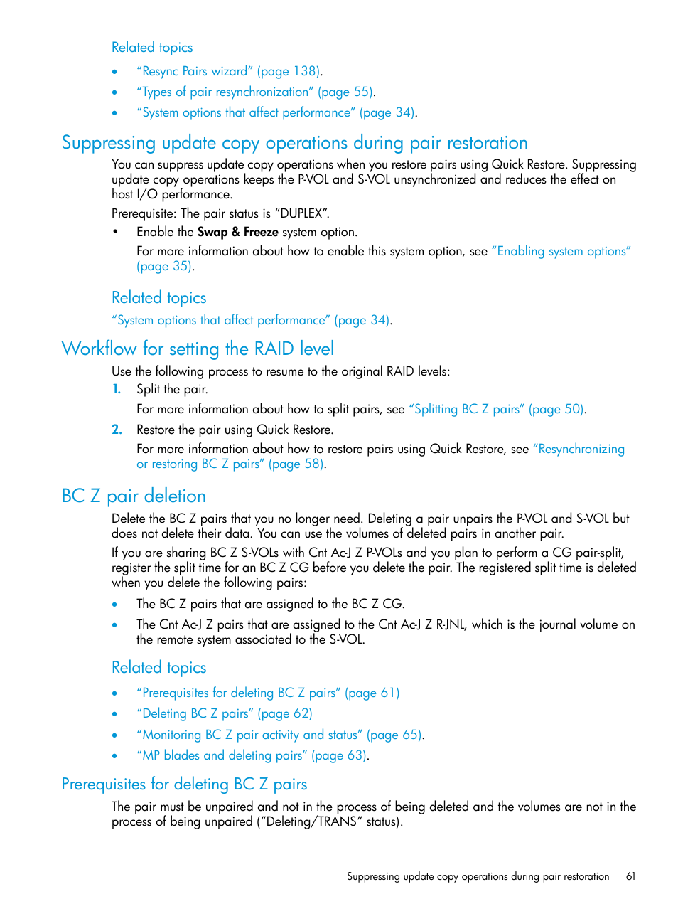 Workflow for setting the raid level, Bc z pair deletion, Prerequisites for deleting bc z pairs | Suppressing update, Related topics | HP XP Racks User Manual | Page 61 / 153