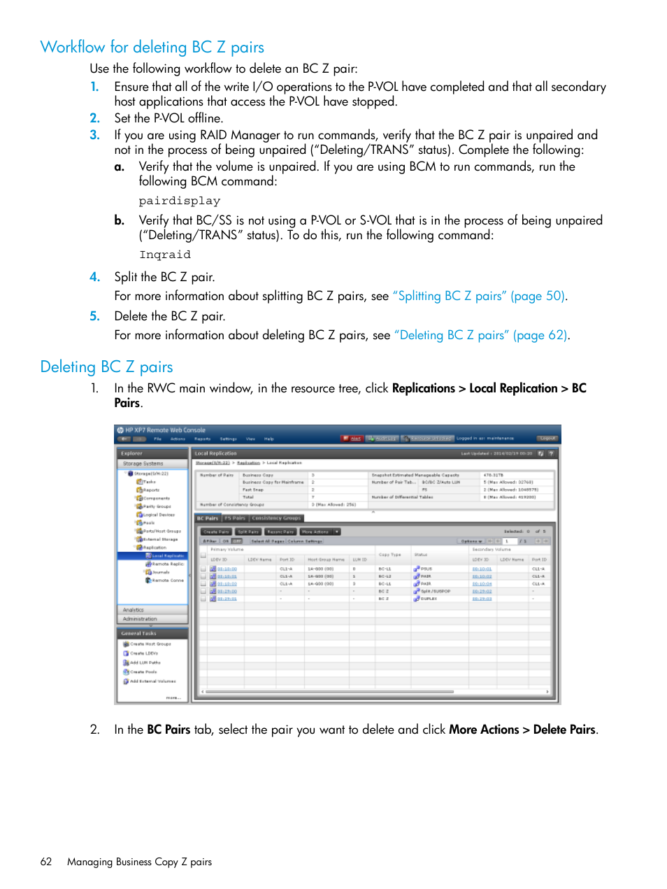 Workflow for deleting bc z pairs, Deleting bc z pairs, Deleting | HP XP Racks User Manual | Page 62 / 153