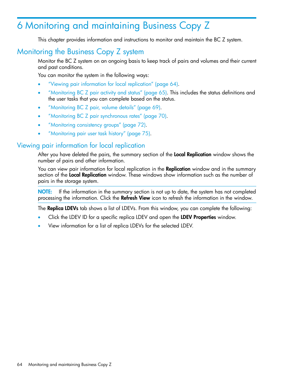 6 monitoring and maintaining business copy z, Monitoring the business copy z system, Viewing pair information for local replication | HP XP Racks User Manual | Page 64 / 153