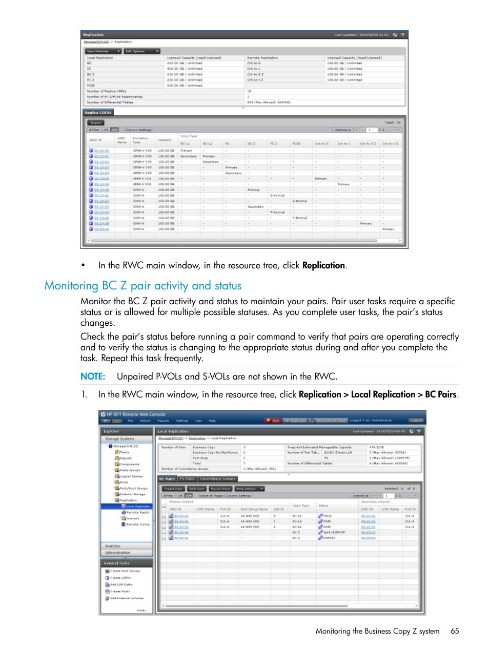 Monitoring bc z pair activity and status, Monitoring bc z pair activity and | HP XP Racks User Manual | Page 65 / 153