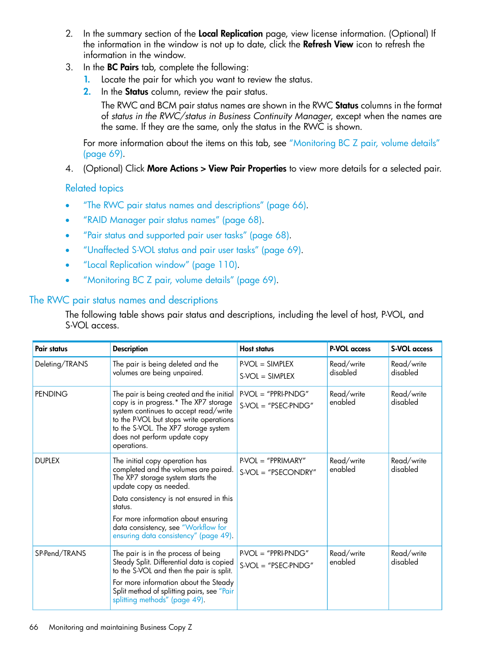 The rwc pair status names and descriptions, The rwc pair status names, Related topics | HP XP Racks User Manual | Page 66 / 153