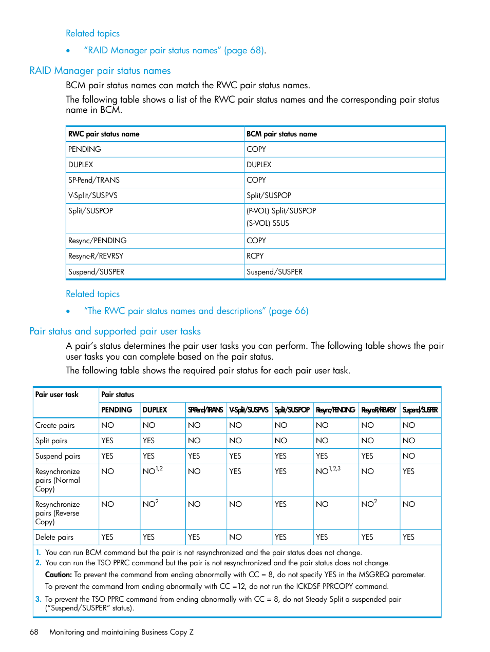Raid manager pair status names, Pair status and supported pair user tasks, Pair status and supported | Pair | HP XP Racks User Manual | Page 68 / 153
