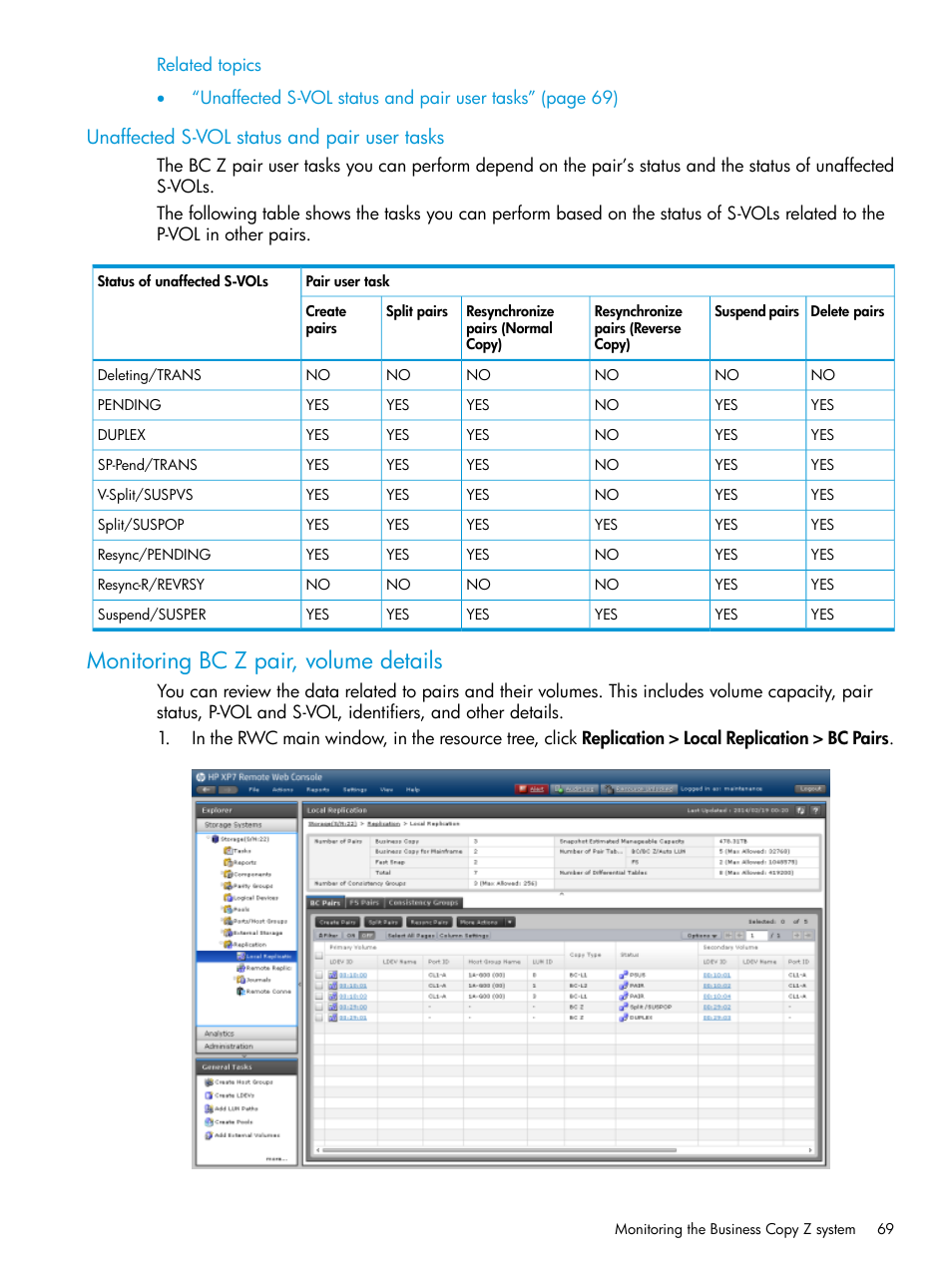 Unaffected s-vol status and pair user tasks, Monitoring bc z pair, volume details | HP XP Racks User Manual | Page 69 / 153