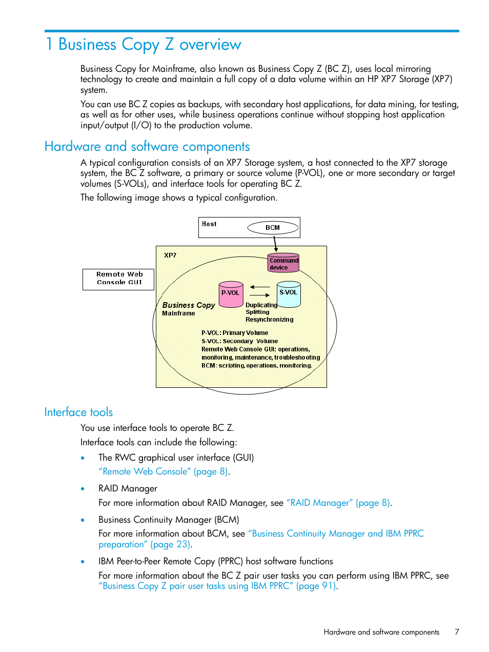 1 business copy z overview, Hardware and software components, Interface tools | HP XP Racks User Manual | Page 7 / 153