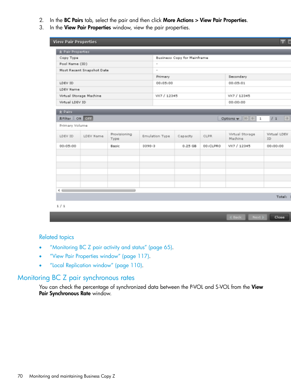 Monitoring bc z pair synchronous rates | HP XP Racks User Manual | Page 70 / 153