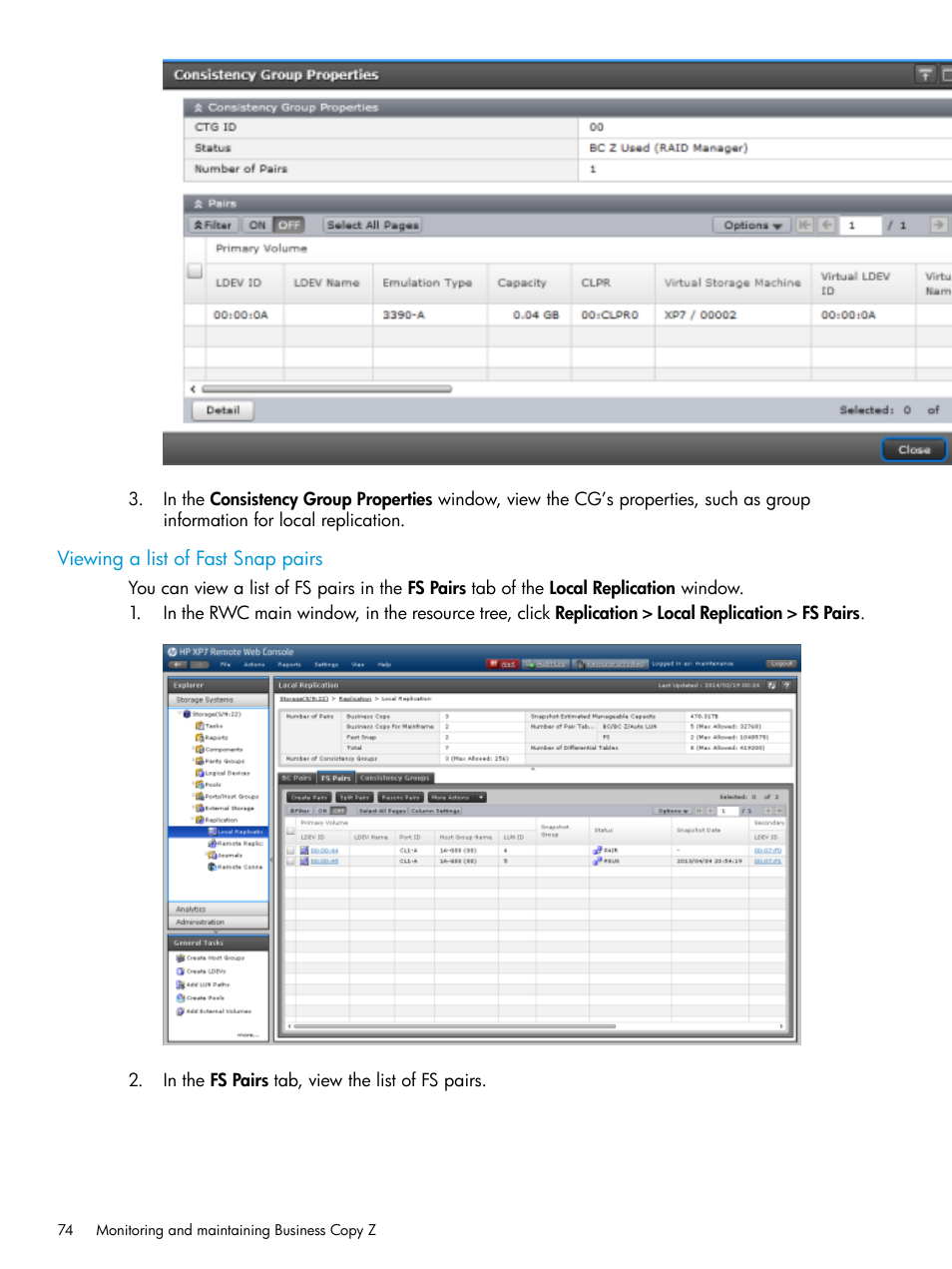 Viewing a list of fast snap pairs | HP XP Racks User Manual | Page 74 / 153
