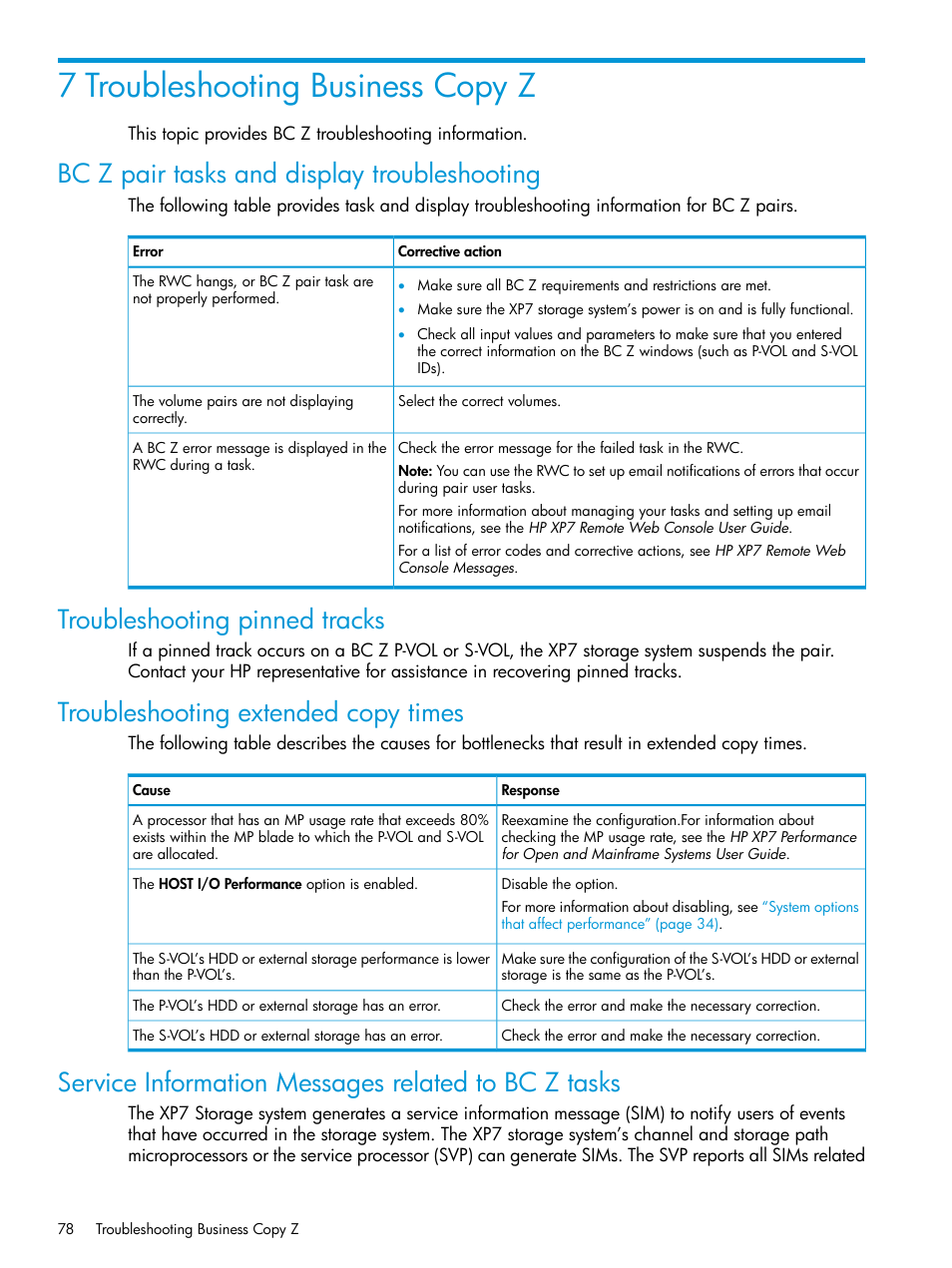 7 troubleshooting business copy z, Bc z pair tasks and display troubleshooting, Troubleshooting pinned tracks | Troubleshooting extended copy times, Service information messages related to bc z tasks | HP XP Racks User Manual | Page 78 / 153