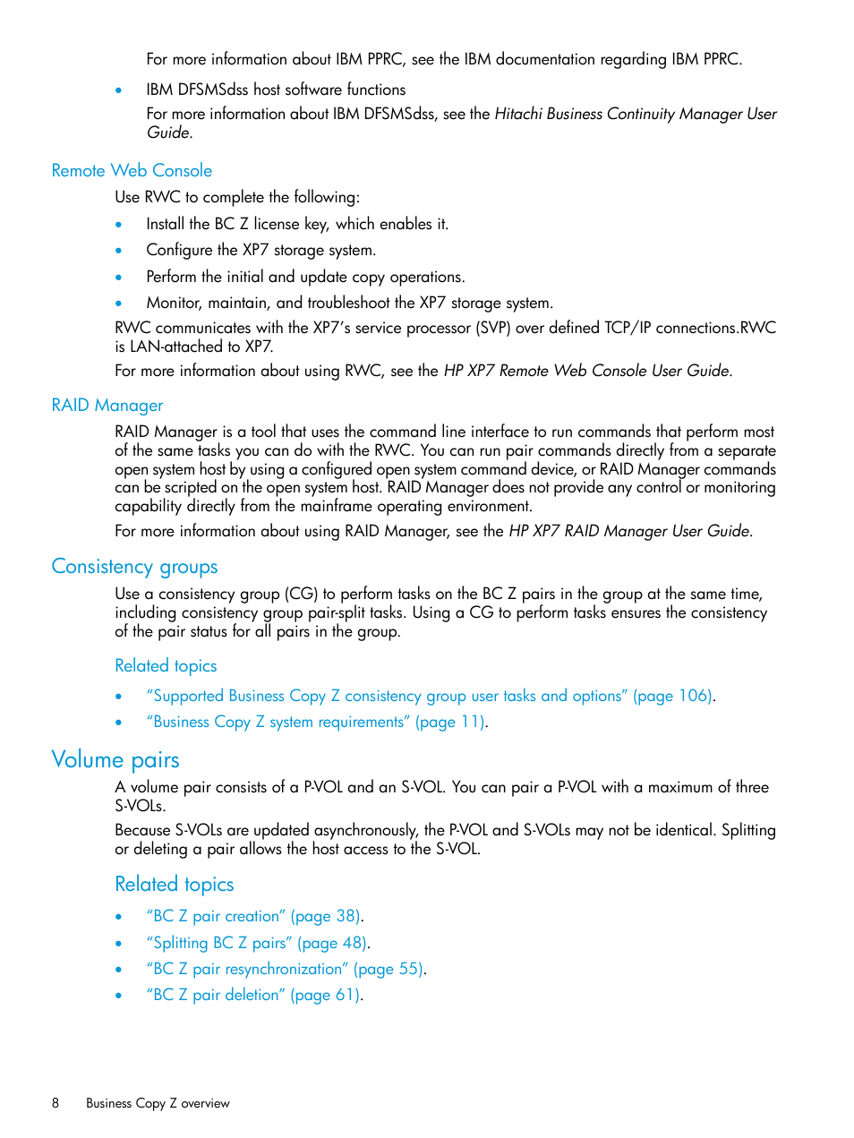 Remote web console, Raid manager, Consistency groups | Volume pairs, Remote web console raid manager, Related topics | HP XP Racks User Manual | Page 8 / 153