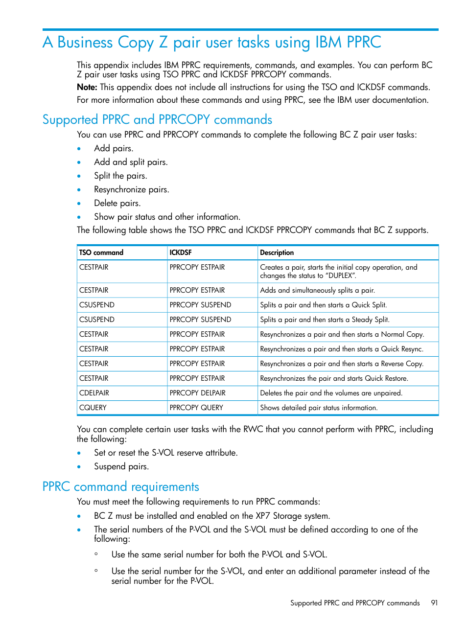A business copy z pair user tasks using ibm pprc, Supported pprc and pprcopy commands, Pprc command requirements | HP XP Racks User Manual | Page 91 / 153
