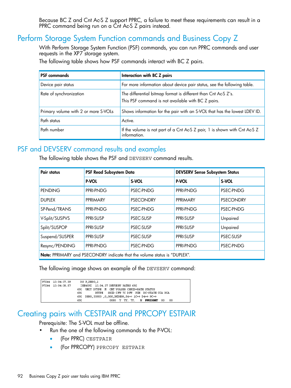 Psf and devserv command results and examples, Creating pairs with cestpair and pprcopy estpair | HP XP Racks User Manual | Page 92 / 153
