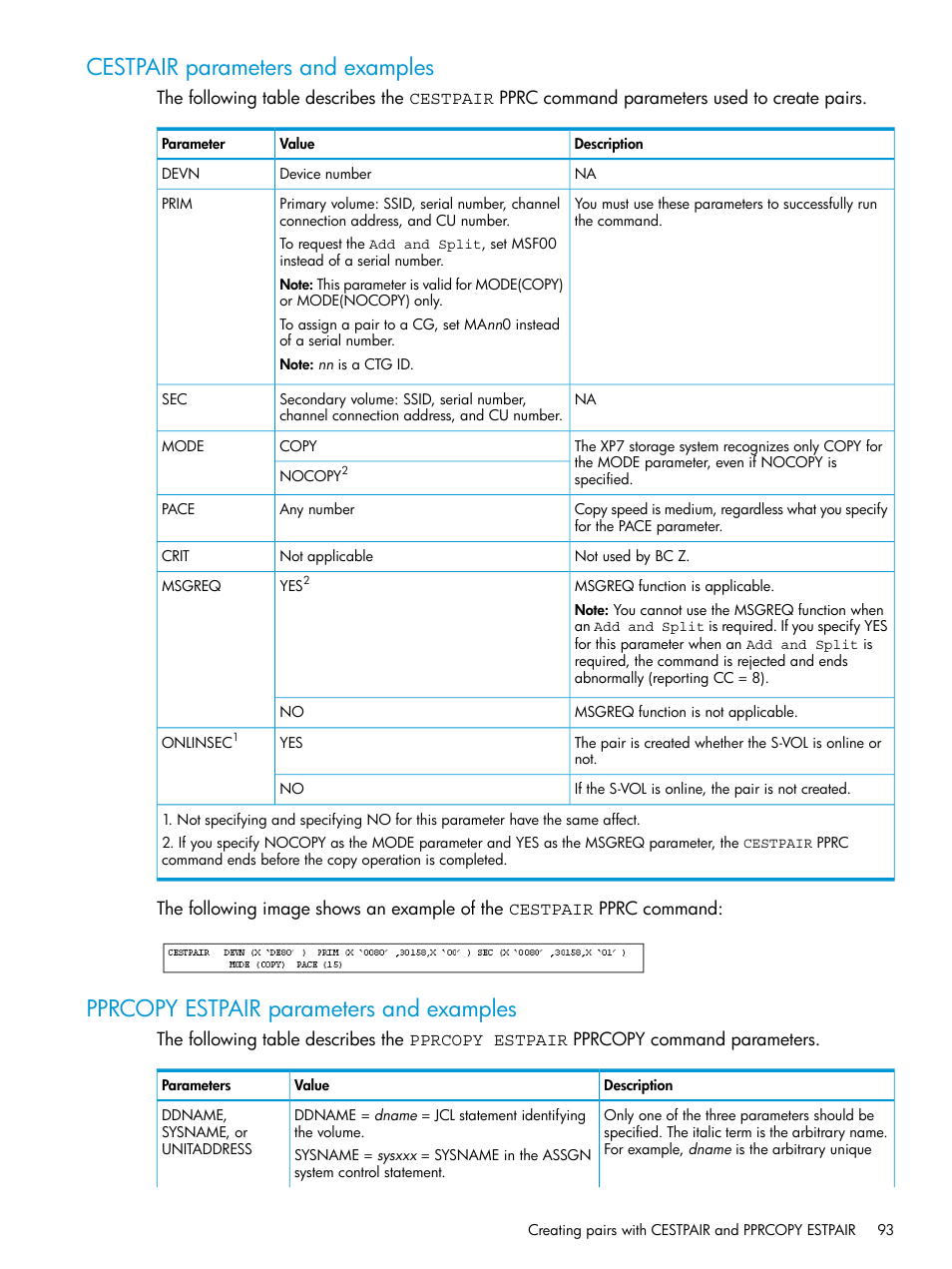Cestpair parameters and examples, Pprcopy estpair parameters and examples | HP XP Racks User Manual | Page 93 / 153