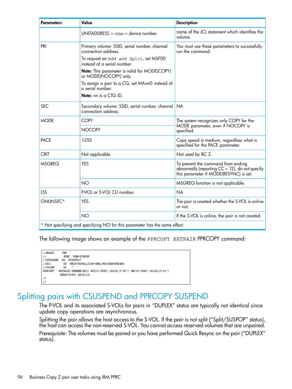 Splitting pairs with csuspend and pprcopy suspend, Splitting pairs | HP XP Racks User Manual | Page 94 / 153