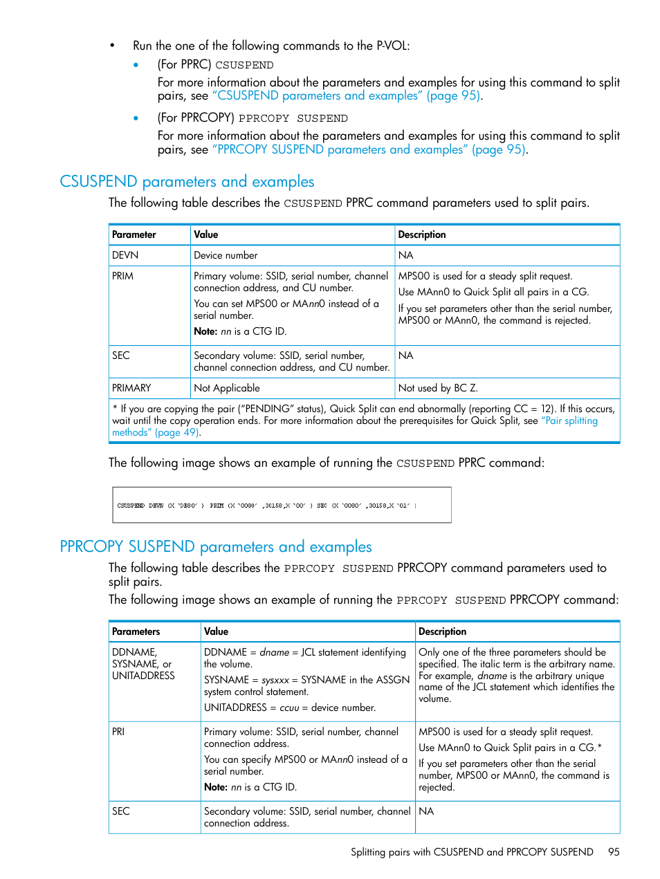 Csuspend parameters and examples, Pprcopy suspend parameters and examples | HP XP Racks User Manual | Page 95 / 153