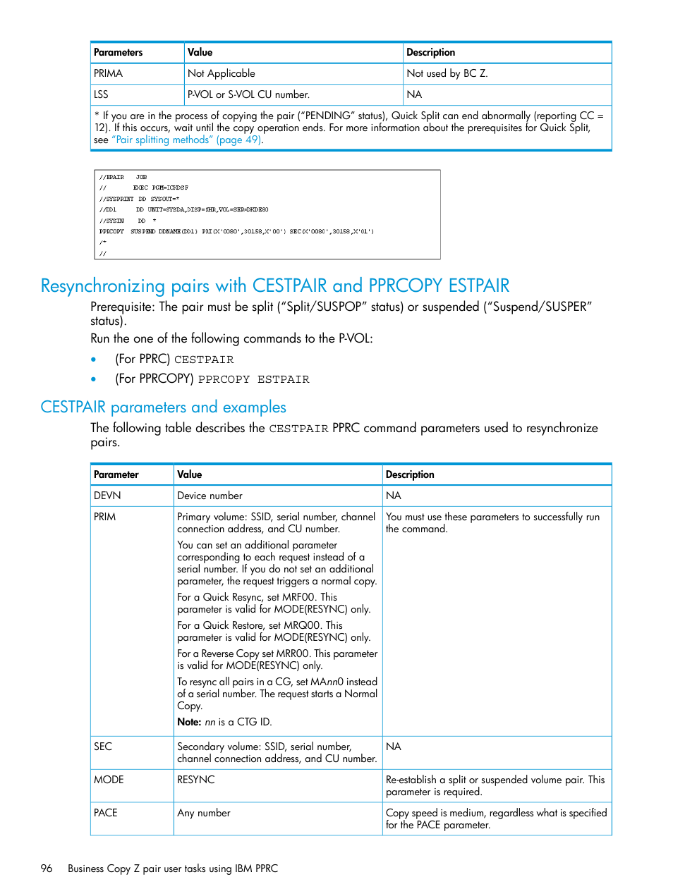 Cestpair parameters and examples | HP XP Racks User Manual | Page 96 / 153