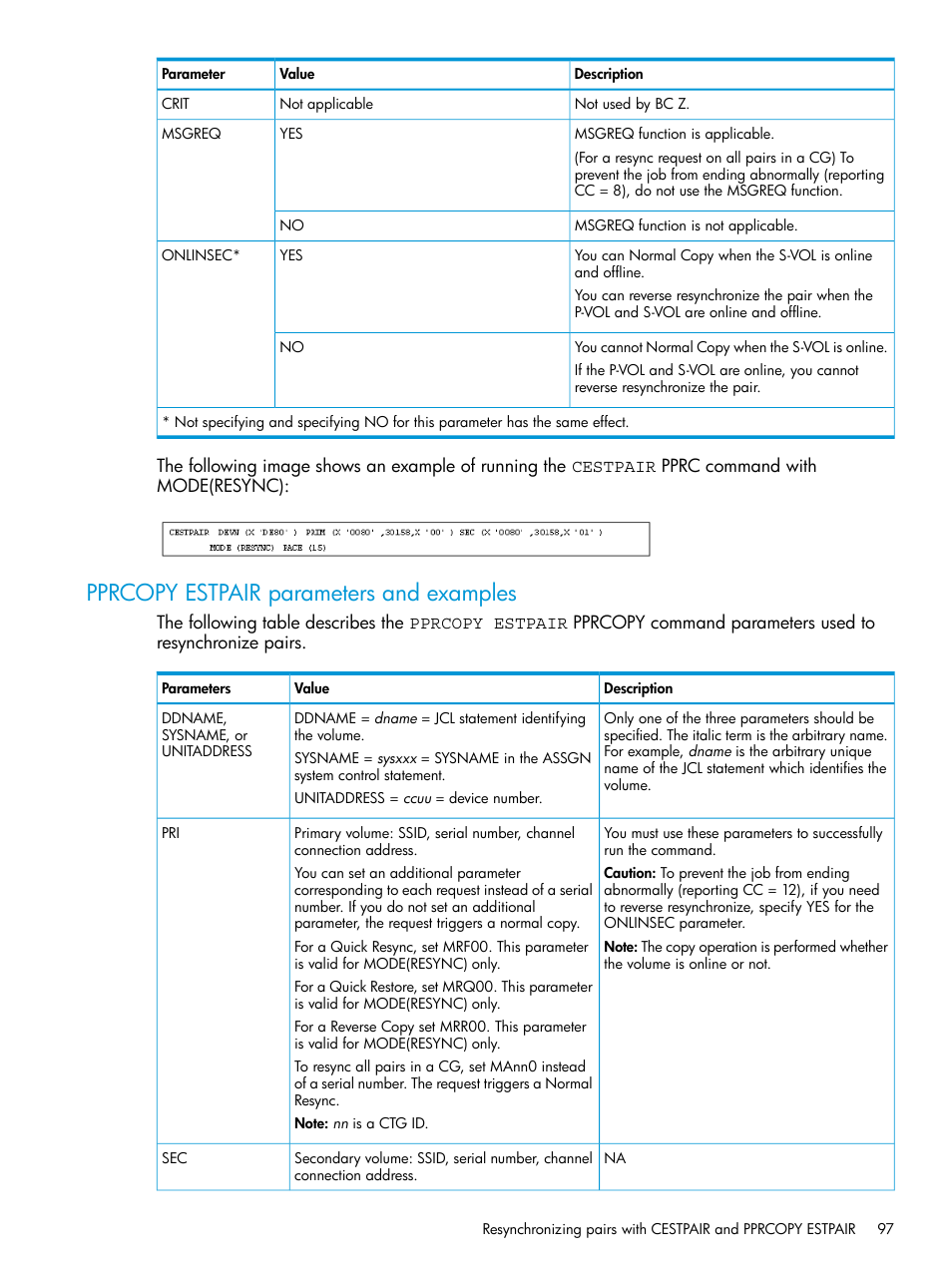 Pprcopy estpair parameters and examples | HP XP Racks User Manual | Page 97 / 153