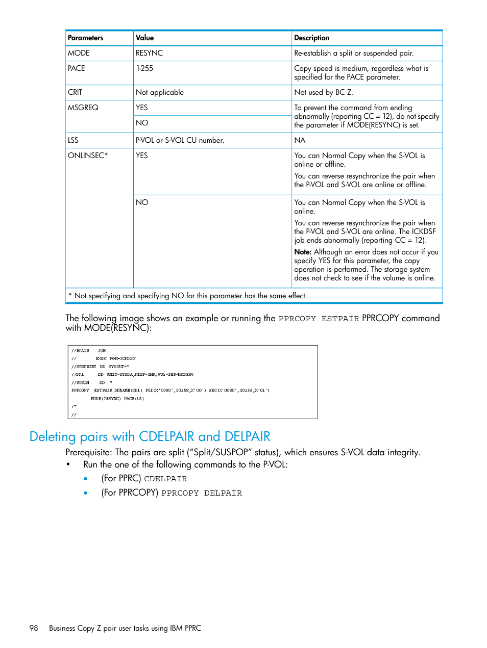 Deleting pairs with cdelpair and delpair | HP XP Racks User Manual | Page 98 / 153