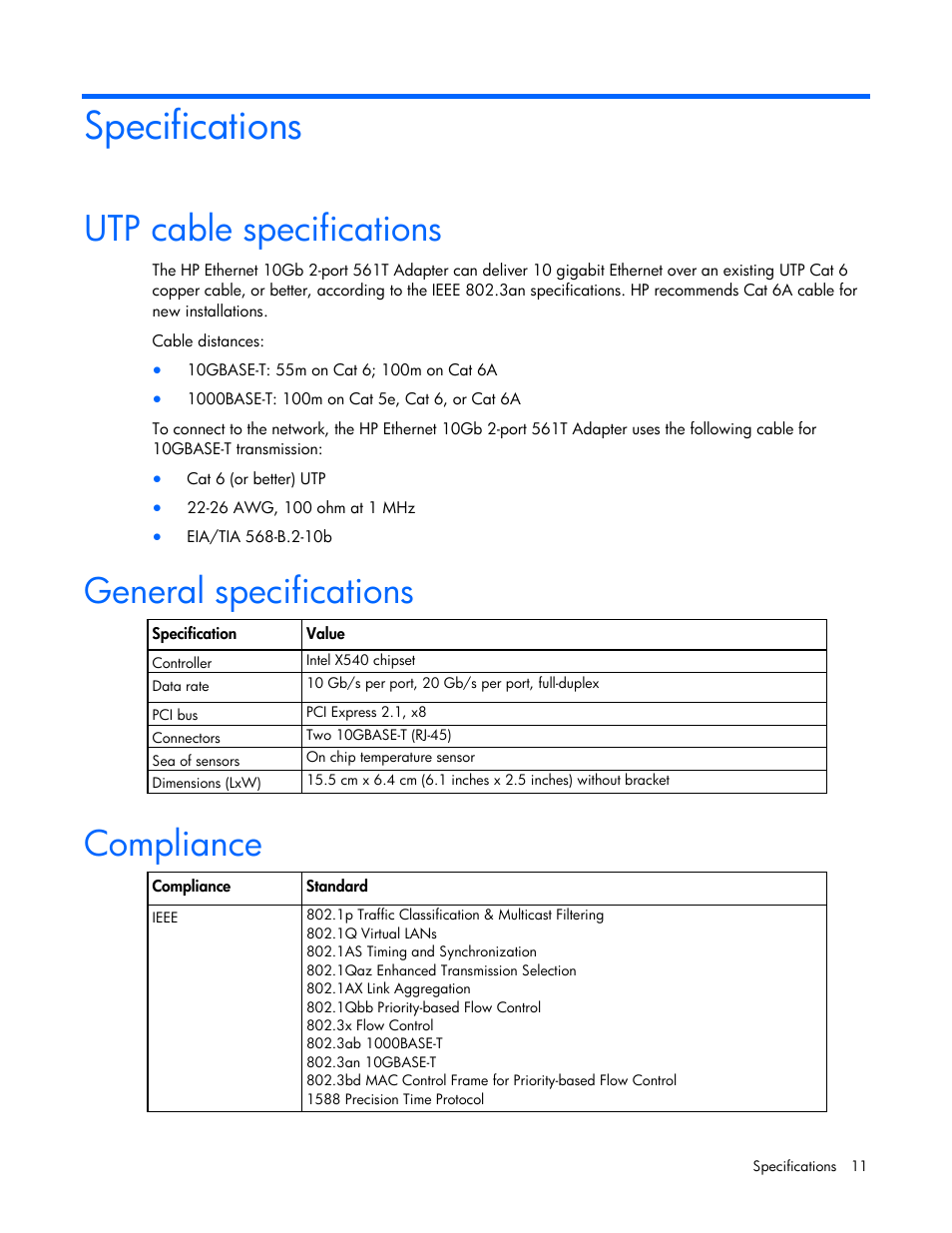 Specifications, Utp cable specifications, General specifications | Compliance | HP Ethernet 10Gb 2-port 561T Adapter User Manual | Page 11 / 18