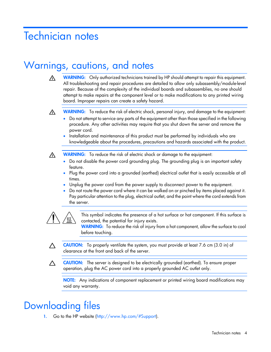 Technician notes, Warnings, cautions, and notes, Downloading files | HP Ethernet 10Gb 2-port 561T Adapter User Manual | Page 4 / 18