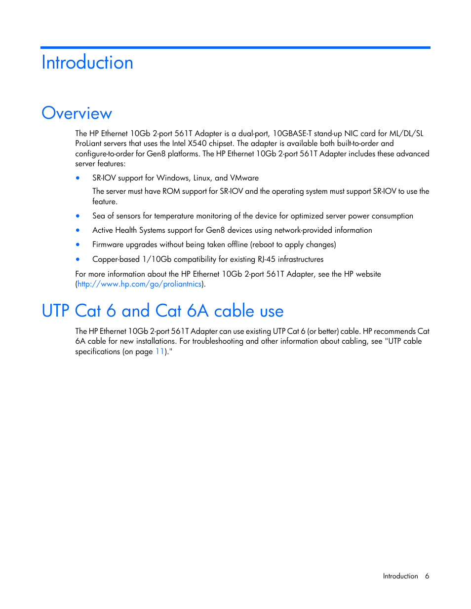 Introduction, Overview, Utp cat 6 and cat 6a cable use | HP Ethernet 10Gb 2-port 561T Adapter User Manual | Page 6 / 18