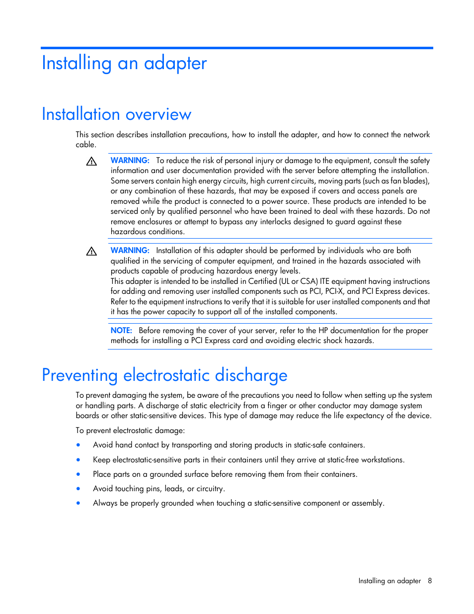 Installing an adapter, Installation overview, Preventing electrostatic discharge | HP Ethernet 10Gb 2-port 561T Adapter User Manual | Page 8 / 18