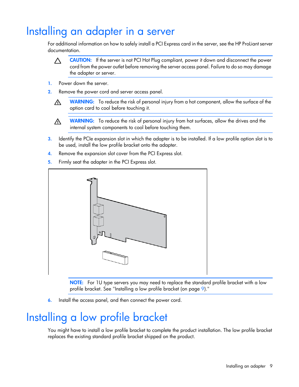 Installing an adapter in a server, Installing a low profile bracket | HP Ethernet 10Gb 2-port 561T Adapter User Manual | Page 9 / 18