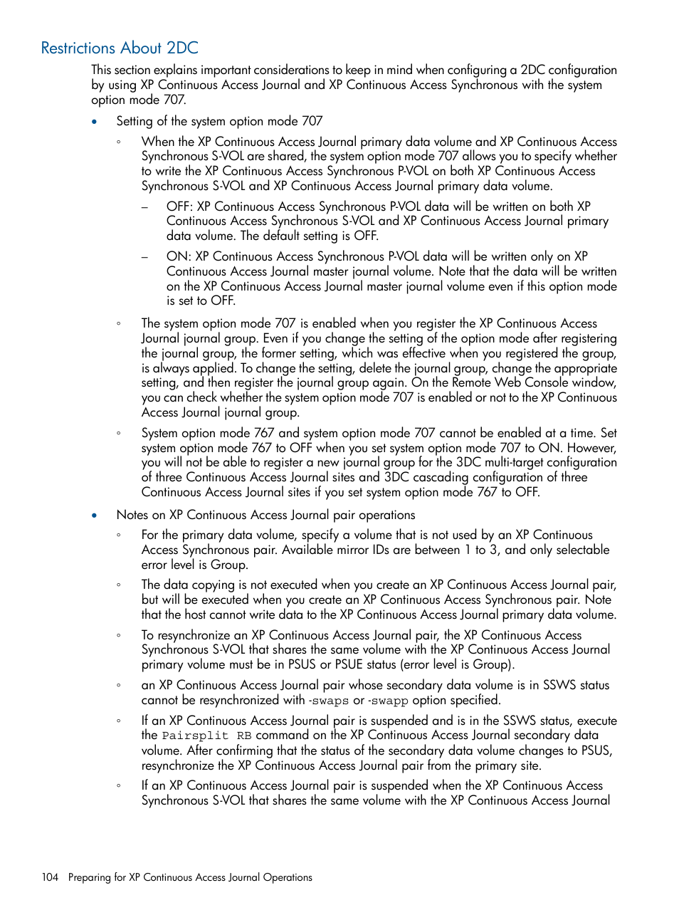 Restrictions about 2dc | HP XP Continuous Access Software User Manual | Page 104 / 245