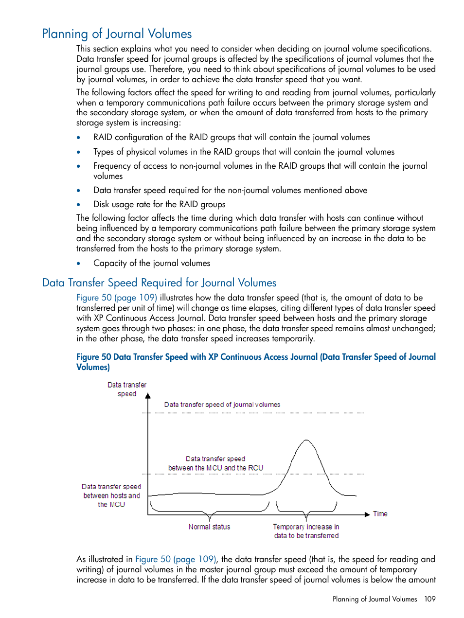 Planning of journal volumes, Data transfer speed required for journal volumes | HP XP Continuous Access Software User Manual | Page 109 / 245