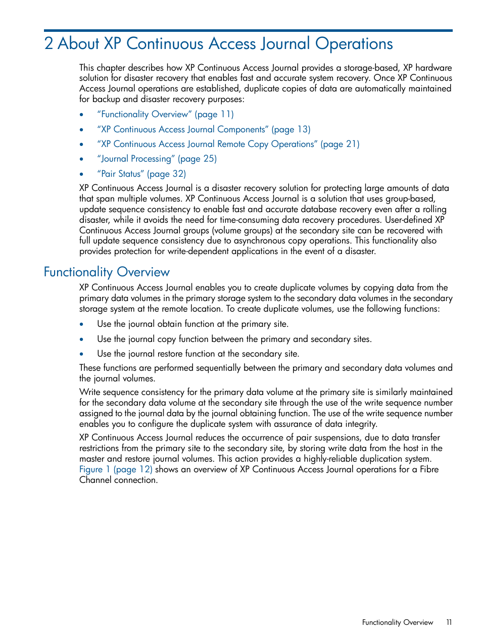 2 about xp continuous access journal operations, Functionality overview | HP XP Continuous Access Software User Manual | Page 11 / 245