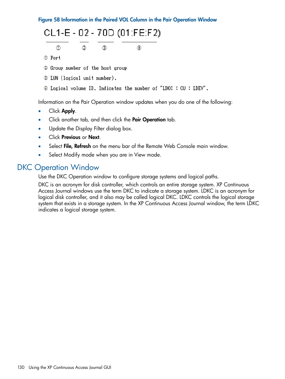 Dkc operation window | HP XP Continuous Access Software User Manual | Page 130 / 245