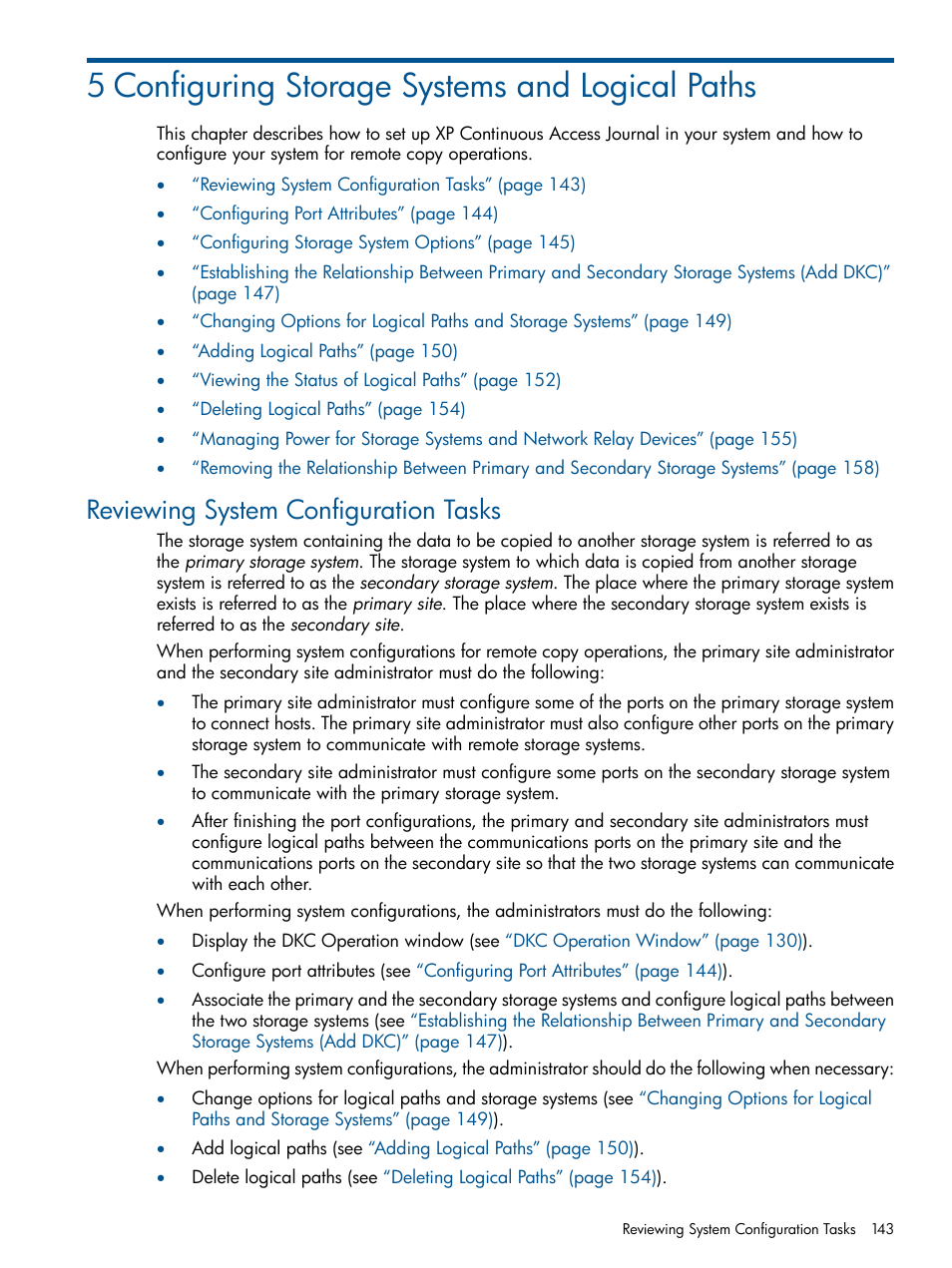 5 configuring storage systems and logical paths, Reviewing system configuration tasks | HP XP Continuous Access Software User Manual | Page 143 / 245