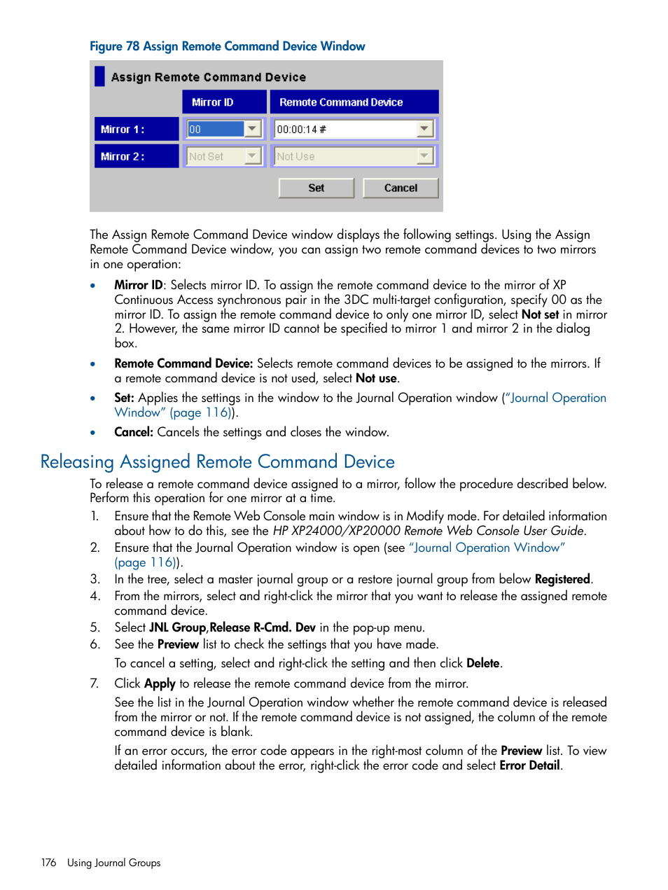 Releasing assigned remote command device | HP XP Continuous Access Software User Manual | Page 176 / 245